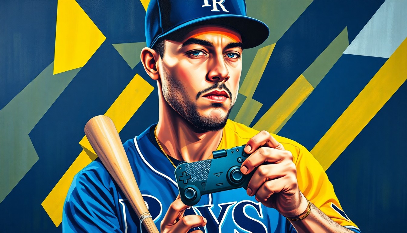 A cubist, geometric painting depicting a Rays baseball player and a video game controller in overlapping, fragmented planes of navy blue, powder blue, and yellow, conceptually representing the fusion of sports and esports.