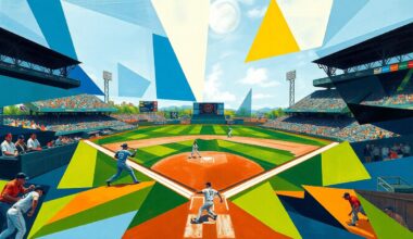 A cubist-style painting featuring overlapping geometric shapes and planes of color, abstracting a baseball game or match into a dynamic, fragmented visual composition.