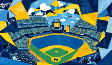 A fragmented, multi-angled painting featuring sharp, overlapping planes of navy blue, gold, and white, conceptually representing the turbulence and uncertainty surrounding the Milwaukee Brewers