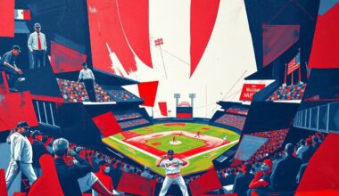 A cubist, geometric painting depicting a fragmented baseball game or match, with sharp, overlapping planes of red, white, and navy blue representing the dynamic action on the field.