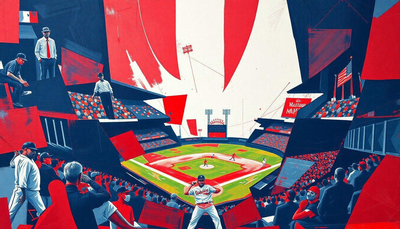 A cubist, geometric painting depicting a fragmented baseball game or match, with sharp, overlapping planes of red, white, and navy blue representing the dynamic action on the field.
