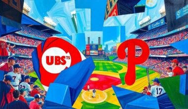 A cubist-style painting depicting a baseball game between the Chicago Cubs and Philadelphia Phillies, with the players and field broken down into sharp, overlapping geometric shapes in a vibrant color palette.