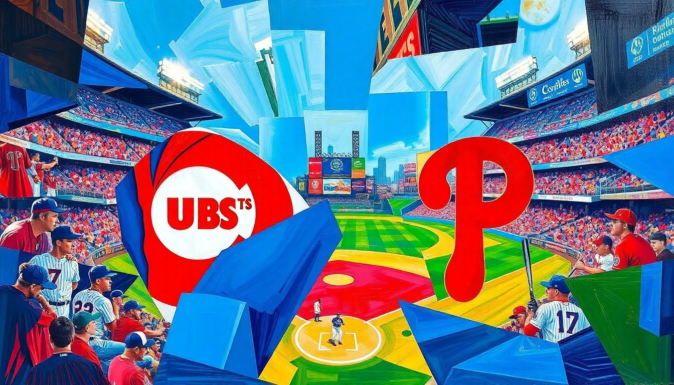 A cubist-style painting depicting a baseball game between the Chicago Cubs and Philadelphia Phillies, with the players and field broken down into sharp, overlapping geometric shapes in a vibrant color palette.