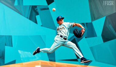 A cubist, geometric painting depicting the fractured motion of a high school baseball pitcher, with sharp planes of teal, black, and silver colors representing the Miami Marlins