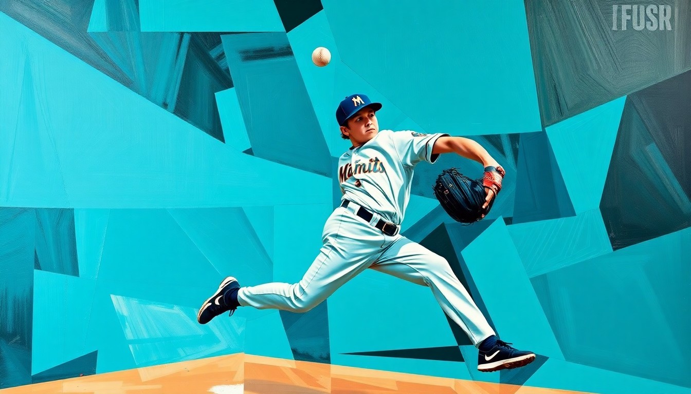 A cubist, geometric painting depicting the fractured motion of a high school baseball pitcher, with sharp planes of teal, black, and silver colors representing the Miami Marlins