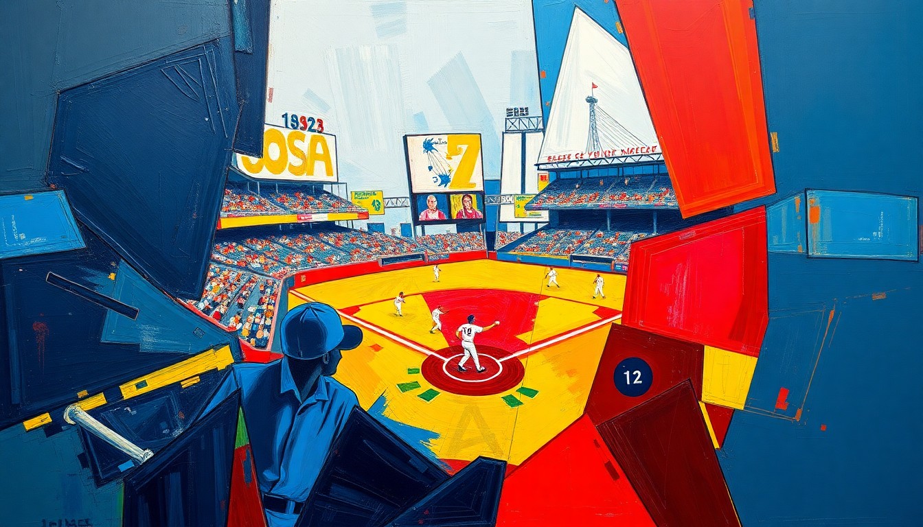A cubist, geometric painting depicting a baseball game or action, with sharp, overlapping planes of navy blue, crimson red, and bright yellow, conveying the dynamic energy and balance of the Pirates