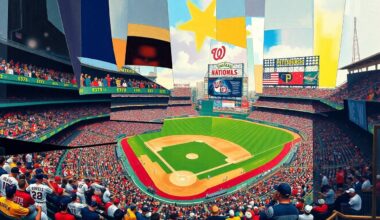 A cubist-style painting featuring overlapping geometric shapes and planes in the team colors of the Washington Nationals and Pittsburgh Pirates, conceptually representing the dynamic action of a baseball game between the two clubs.