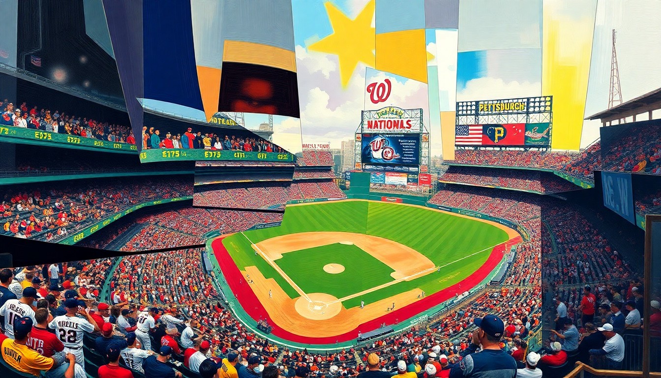 A cubist-style painting featuring overlapping geometric shapes and planes in the team colors of the Washington Nationals and Pittsburgh Pirates, conceptually representing the dynamic action of a baseball game between the two clubs.