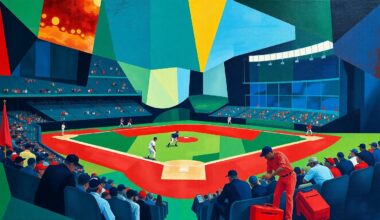 A fractured, multi-perspective painting featuring abstracted, angular shapes in navy blue, emerald green, and crimson red, representing the players and field of a baseball game in a dynamic, cubist style.