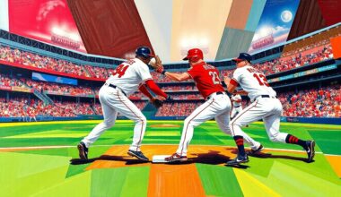 A cubist, geometric painting depicting a Cardinals defensive play, with sharp, overlapping planes of color representing the players and field.