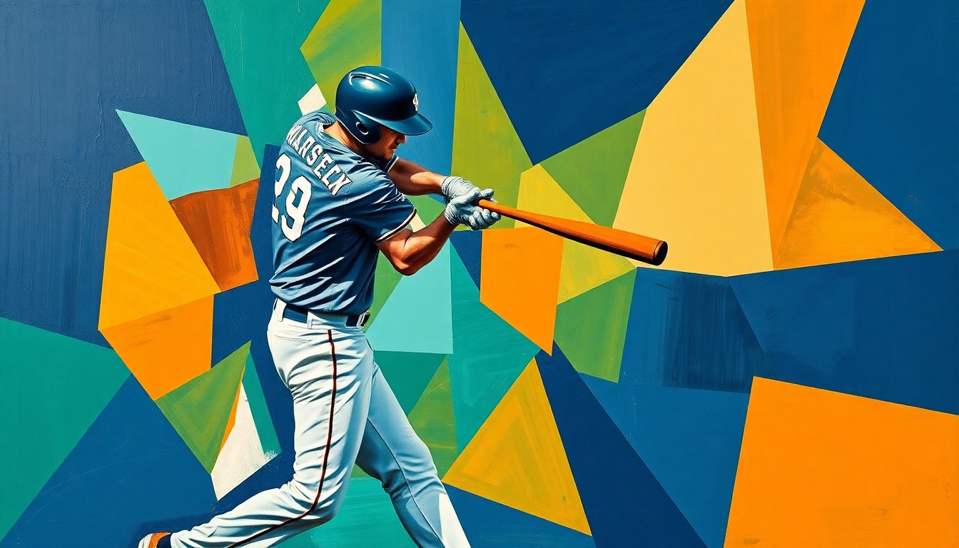 A cubist-style painting depicting a baseball player