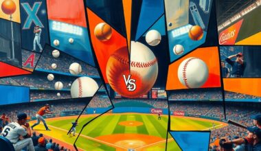 A fragmented, geometric painting depicting the climactic moments of a baseball game, with players, baseballs, and stadium elements rendered in a vibrant, abstract style.