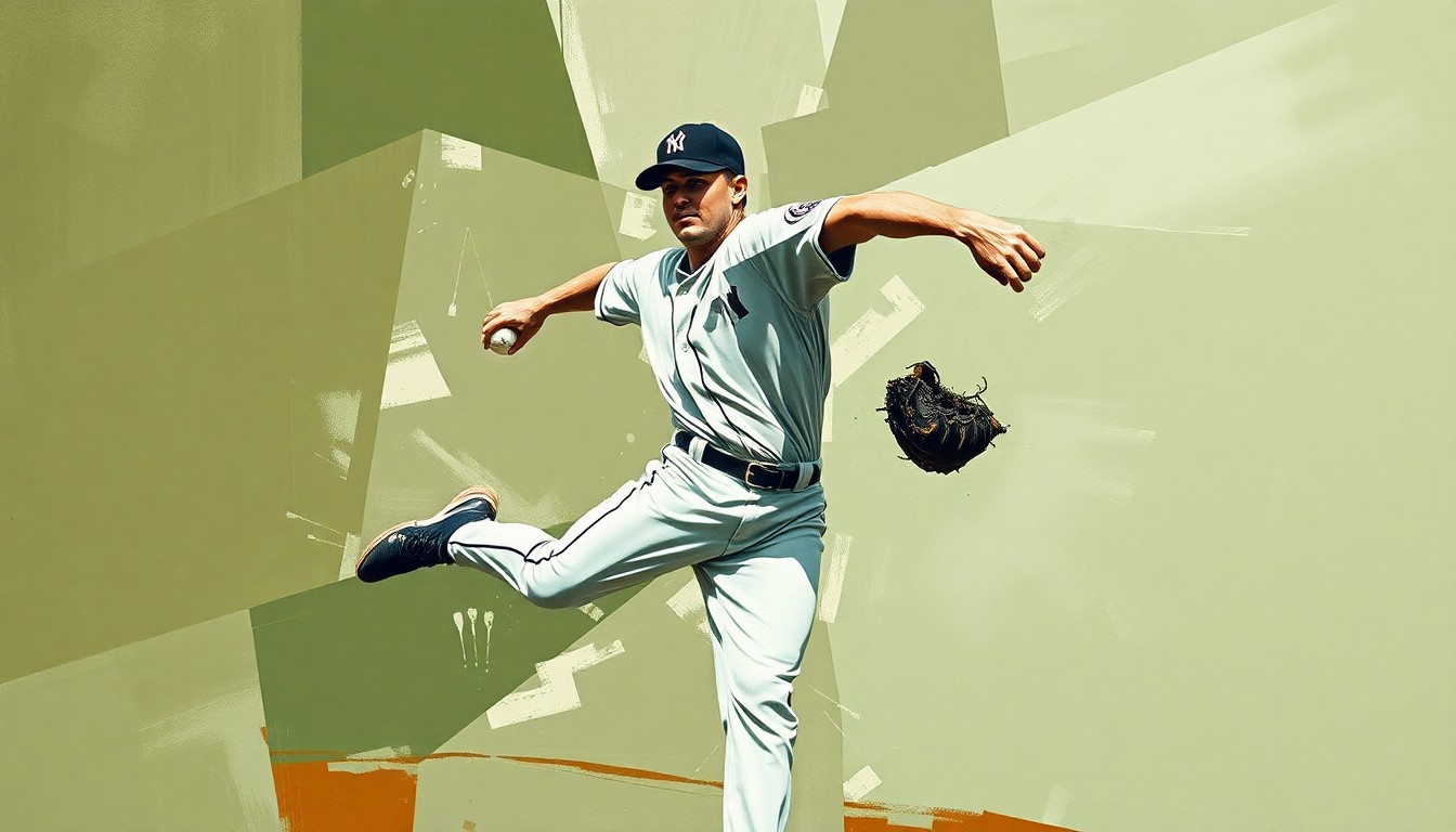 A fragmented, multi-angled painting in muted earth tones, capturing the geometric motion and energy of a baseball pitcher