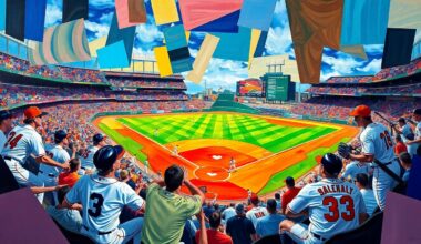 A fractured, geometric painting in bright colors representing the intense action and shifting momentum of a baseball game between two teams.