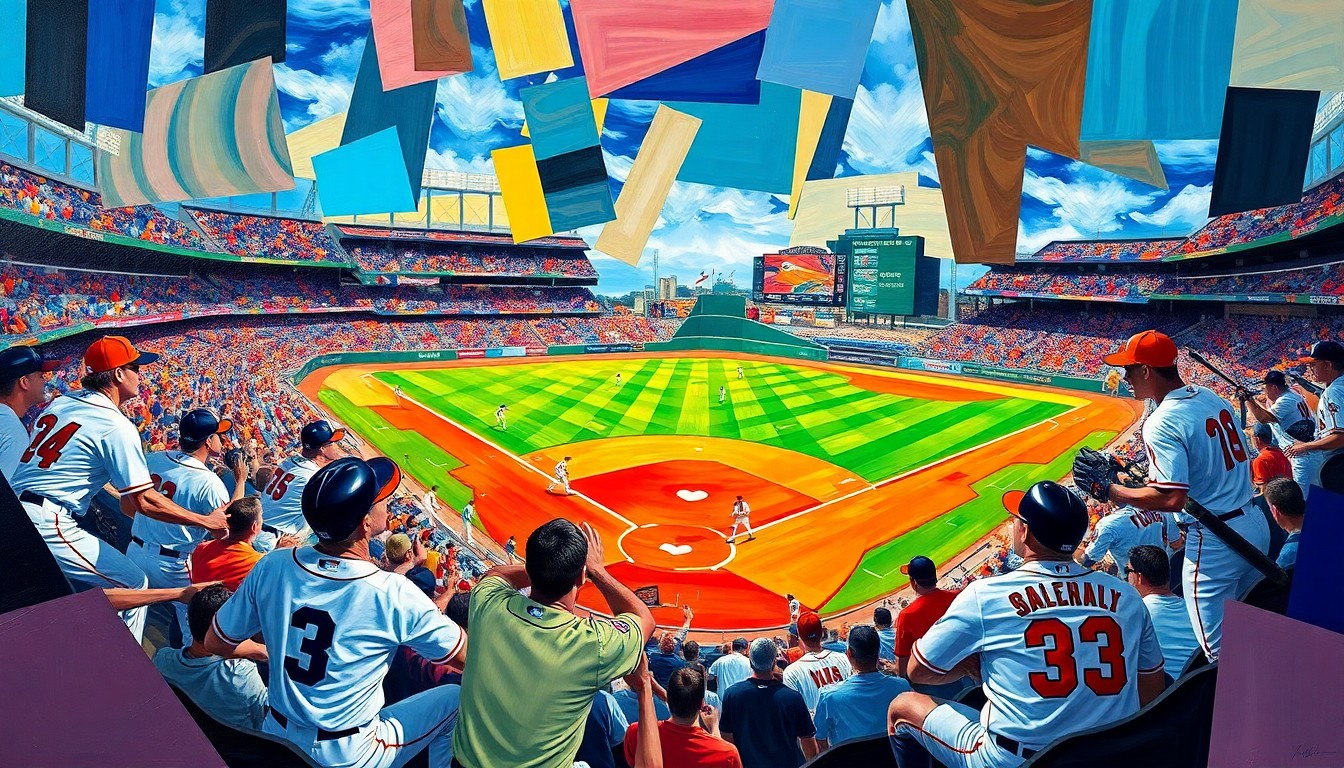 A fractured, geometric painting in bright colors representing the intense action and shifting momentum of a baseball game between two teams.