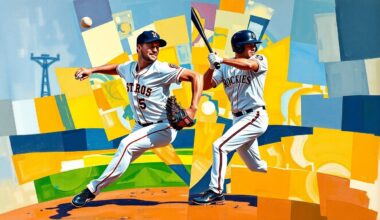 A cubist-style painting depicting a baseball pitcher in motion and a batter swinging, with the action broken down into sharp, overlapping geometric shapes and planes in vibrant colors.