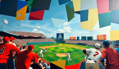 A cubist, geometric painting depicting a baseball game in motion, with overlapping shapes and planes representing the players, field, and action. The vibrant colors of the teams