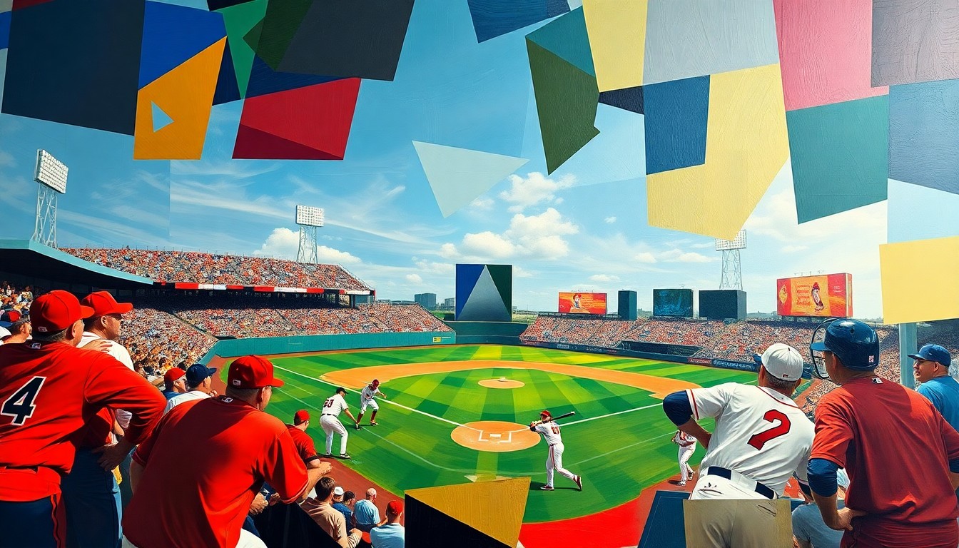 A cubist, geometric painting depicting a baseball game in motion, with overlapping shapes and planes representing the players, field, and action. The vibrant colors of the teams