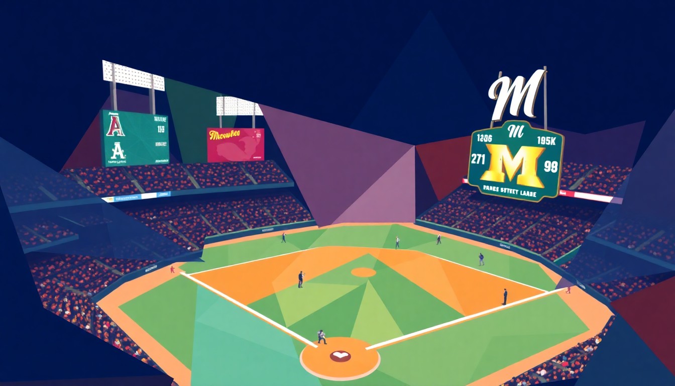 A fractured, multi-perspective painting in the style of Pablo Picasso, breaking down a baseball game between the Arizona Diamondbacks and Milwaukee Brewers into sharp, overlapping geometric planes to conceptually represent the dynamic energy and multiple angles of a live sporting event.