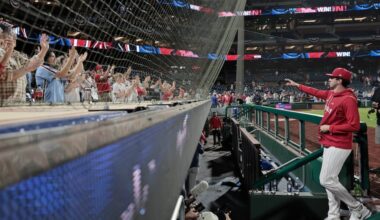 Phillies pitcher Andrew Painter waves to cheering fans as he goes into the clubhouse after he made his major league debut at the Washington Nationals vs. Philadelphia Phillies baseball game at Citizens Bank Park in Philadelphia on Tuesday, March 31, 2026.
