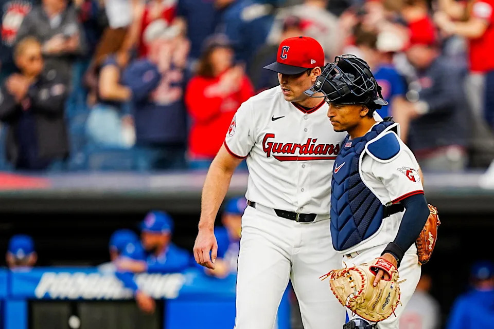 Cleveland Guardians pitcher Cade Smith (36) and Cleveland Guardians catcher Bo Naylor (23) celebrate their win over the Chicago Cubs during the home opening game against the Chicago Cubs, April 4, 2026, at Progressive Field in Cleveland, Ohio.