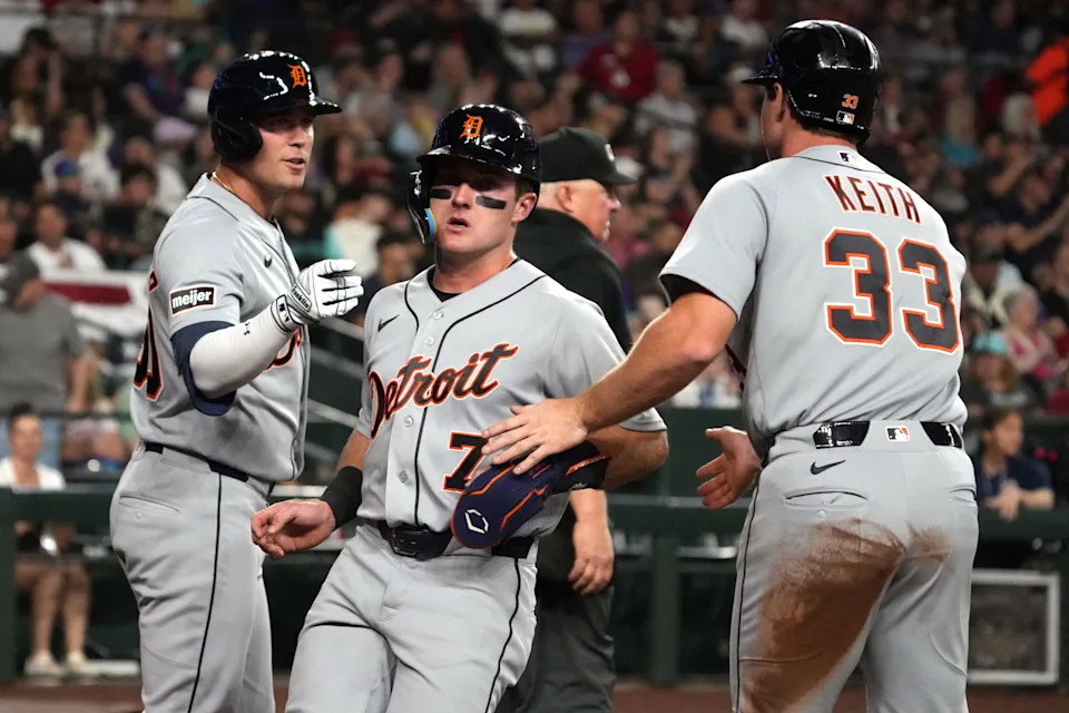 Mar 31, 2026; Phoenix, Arizona, USA; Detroit Tigers shortstop Kevin McGonigle (7) reacts after scoring a run against the Arizona Diamondbacks in the third inning at Chase Field. Mandatory Credit: Rick Scuteri-Imagn Images
