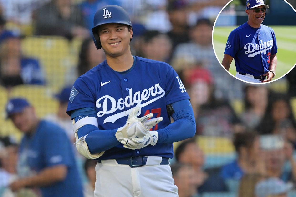 An image collage containing 2 images, Image 1 shows Los Angeles Dodgers two-way player Shohei Ohtani on deck, smiling, Image 2 shows Los Angeles Dodgers manager Dave Roberts smiles while walking to the dugout