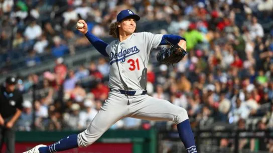 Los Angeles Dodgers pitcher Tyler Glasnow (31) throws to the Washington Nationals during the second inning at Nationals Park. 