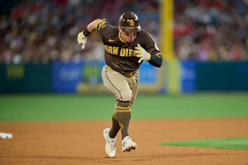 The San Diego Padres Freddy Fermin #54 runs during an MLB game against the Los Angeles Angels, April 18th, 2026 in Anaheim California.