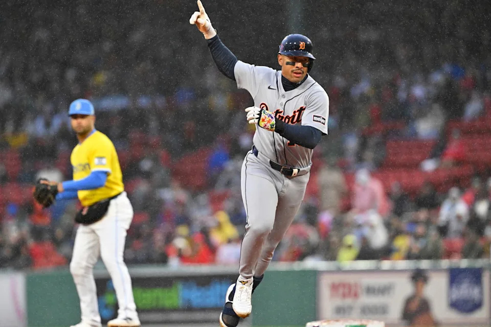 Apr 19, 2026; Boston, Massachusetts, USA; Detroit Tigers designated hitter Jahmai Jones (18) reacts after hitting a one run home run against the Boston Red Sox during the fifth inning at Fenway Park. Mandatory Credit: Eric Canha-Imagn Images