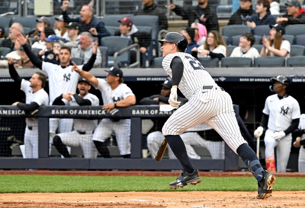New York Yankees first baseman Ben Rice (22) watches his three-run homer during the first inning of the Yankees and Miami Marlins game at Yankee Stadium. Bill Kostroun/New York Post