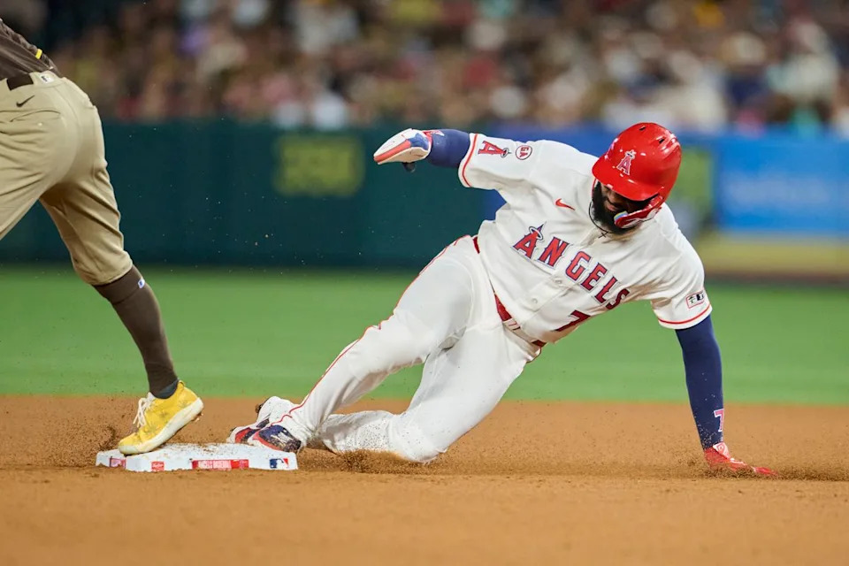The Los Angeles Angels Jo Adell #7 slides during an MLB game against the San Diego Padres, April 18th, 2026 in Anaheim California.