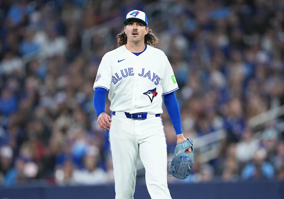 Mar 27, 2026; Toronto, Ontario, CAN; Toronto Blue Jays starting pitcher Kevin Gausman (34) walks towards the dugout against the Athletics during the fourth inning at Rogers Centre. Mandatory Credit: Nick Turchiaro-Imagn Images