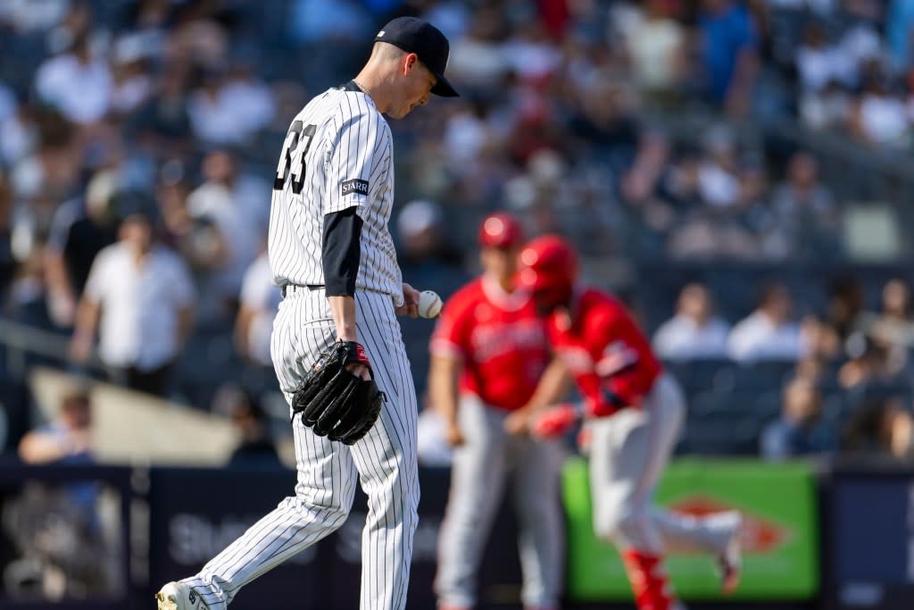 New York Yankees pitcher Ryan Yarbrough (33) reacts to Los Angeles Angels center fielder Jo Adell (7) hitting a grand slam in the eighth inning. Corey Sipkin for the NY POST