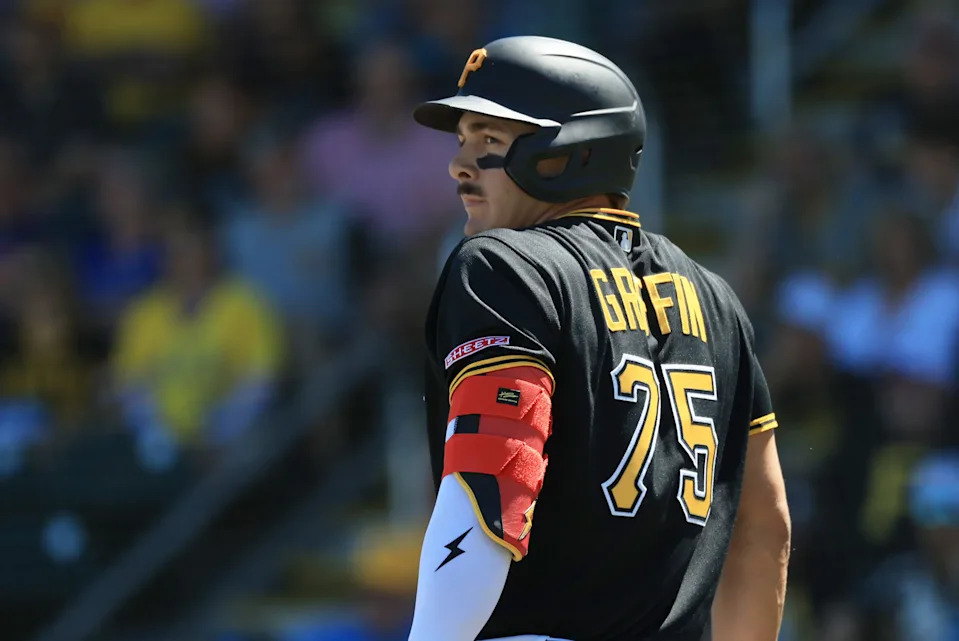 Mar 21, 2026; Bradenton, Florida, USA; Pittsburgh Pirates infielder Konnor Griffin (75) at bat during the fourth inning against the Toronto Blue Jays at LECOM Park. Mandatory Credit: Kim Klement Neitzel-Imagn Images
