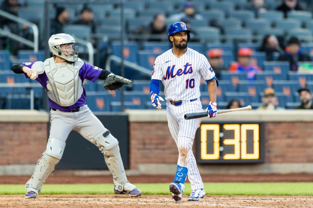 ets second baseman Marcus Semien (10) reacts after striking out during the seventh inning against the Colorado Rockies at Citi Field, Sunday, April 26, 2026, in Queens, NY. Corey Sipkin for the NY POST