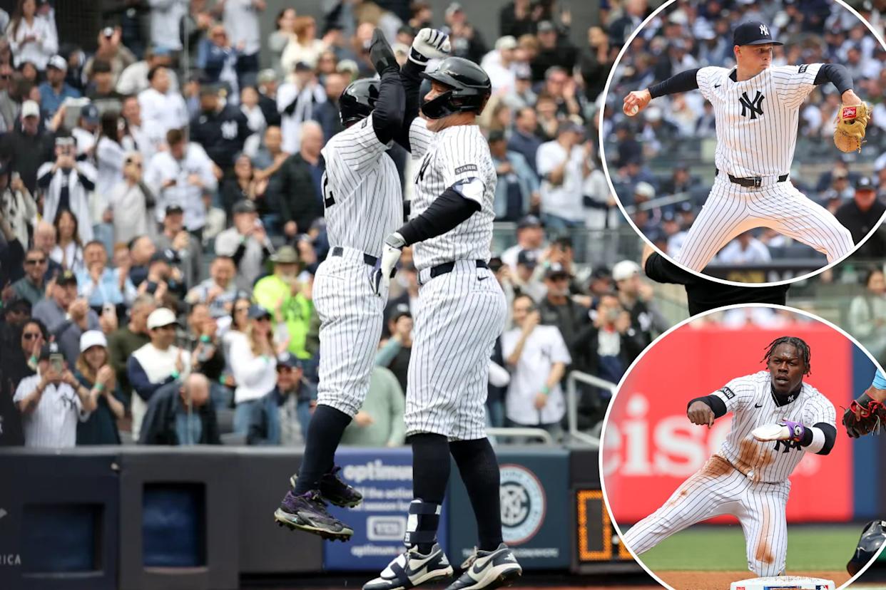 An image collage containing 3 images, Image 1 shows New York Yankees right fielder Aaron Judge (99) and first baseman Ben Rice (22) celebrate after Rice scores on a solo home run, Image 2 shows New York Yankees pitcher Will Warren (29) pitches in the second inning, Image 3 shows New York Yankees second baseman Jazz Chisholm Jr. (13) reacts after stealing second base during the second inning
