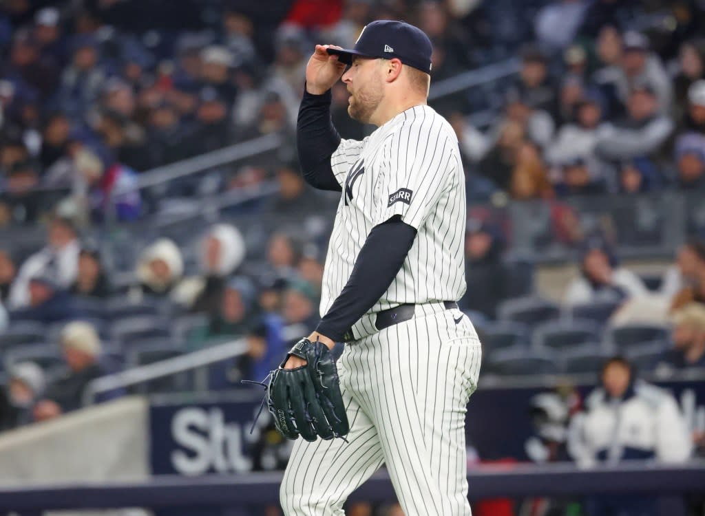 Closer David Bednar reacts in frustration after giving up the go-ahead run in the ninth inning of the Yankees’ loss to the A’s at the Stadium., Robert Sabo for NY Post