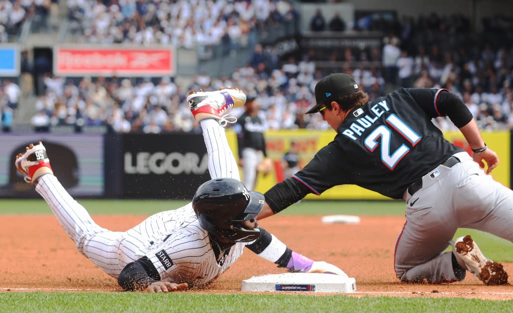New York Yankees second baseman Jazz Chisholm Jr. (13) steals third base during the second inning when the New York Yankees played the Miami Marlins in their home opener on Friday, April 3, 2026. Robert Sabo for NY Post