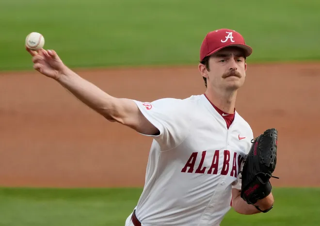 March 27, 2026; Tuscaloosa, AL, USA; Tyler Fay pitches at Sewell-Thomas Stadium as the Crimson Tide and Auburn Tigers played the first game of their three-game series.