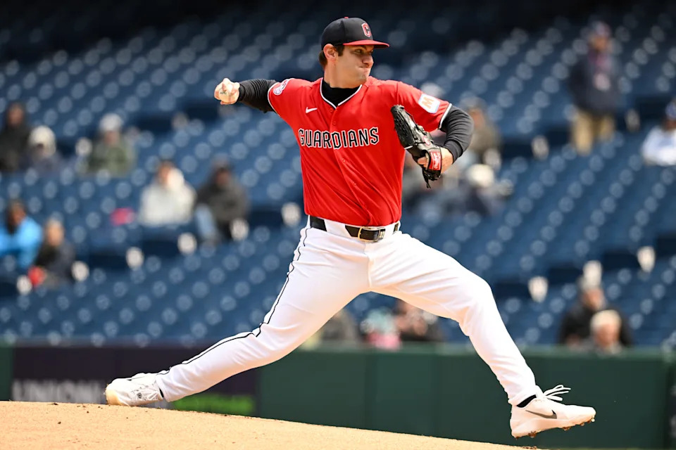 CLEVELAND, OHIO - APRIL 07: Gavin Williams #32 of the Cleveland Guardians throws a pitch during the first inning against the Kansas City Royals at Progressive Field on April 07, 2026 in Cleveland, Ohio. (Photo by Nick Cammett/Getty Images)