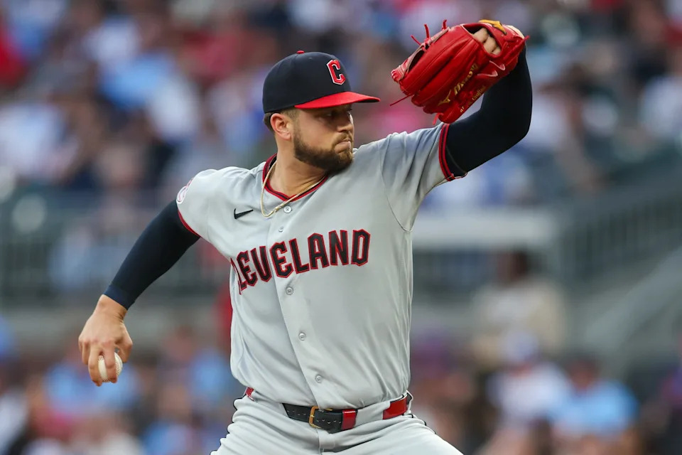 Cleveland Guardians starting pitcher Slade Cecconi throws against the Atlanta Braves on April 10, 2026, in Atlanta, Georgia.