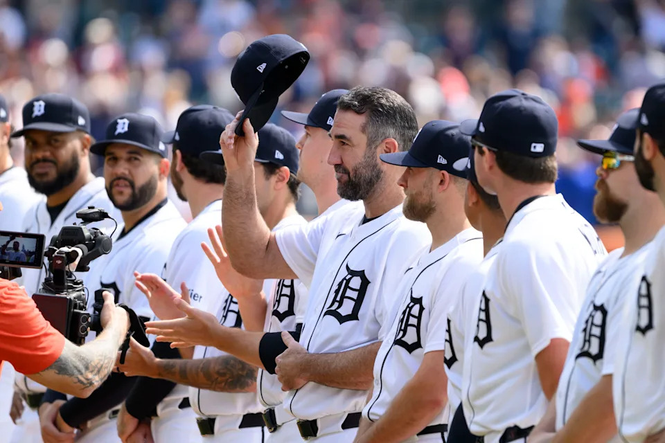 Detroit pitcher Justin Verlander is introduced before the start of a game between the Detroit Tigers and the St. Louis Cardinals, at Comerica Park, in Detroit, April 3, 2026.