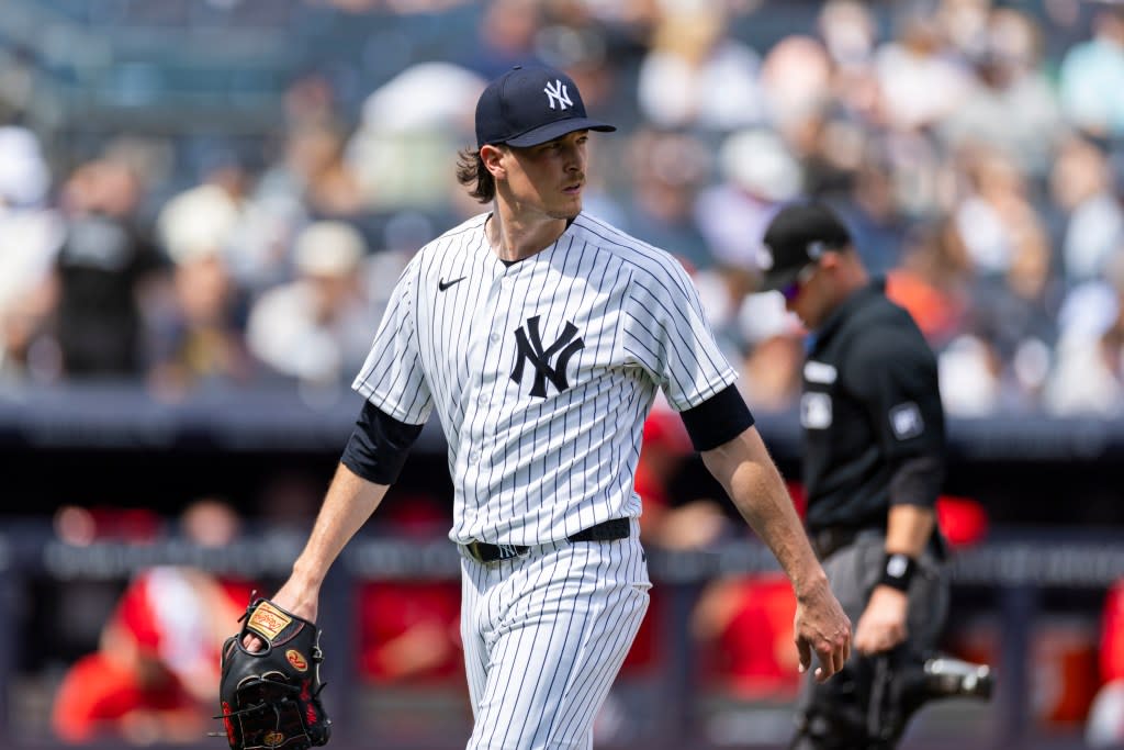 Yankees pitcher Max Fried reacts as he walks back to the dugout after ending the first inning. Corey Sipkin for the NY POST