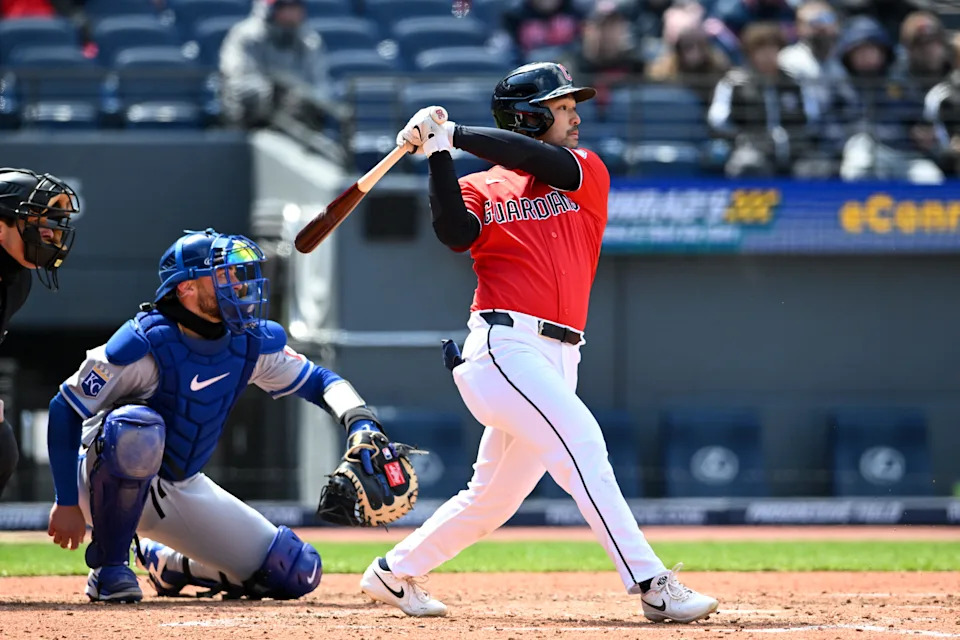 CLEVELAND, OHIO - APRIL 07: Steven Kwan #38 of the Cleveland Guardians hits an RBI single during the fifth inning against the Kansas City Royals at Progressive Field on April 07, 2026 in Cleveland, Ohio. (Photo by Nick Cammett/Getty Images)
