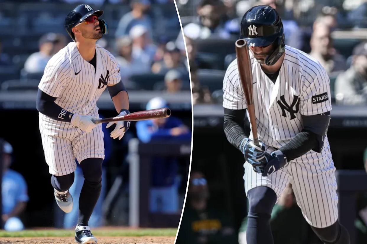 An image collage containing 2 images, Image 1 shows New York Yankees left fielder Randal Grichuk running with a bat, Image 2 shows New York Yankees right fielder Randal Grichuk (34) reacts after striking out