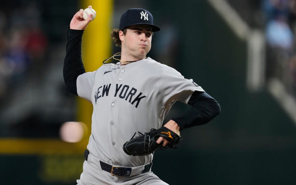 Cam Schlittler pitched six scoreless innings in the Yankees’ 3-2 win over the Rangers on April 28, 2026 in Arlington, Texas. AP