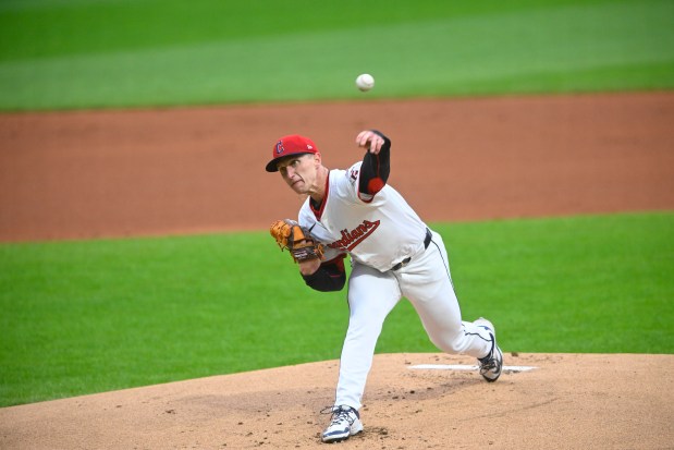 Cleveland Guardians starting pitcher Doug Nikhazy delivers against the Boston Red Sox during the first inning in the second game of a doubleheader, Saturday, April 26, 2025, in Cleveland, (AP Photo/David Richard)