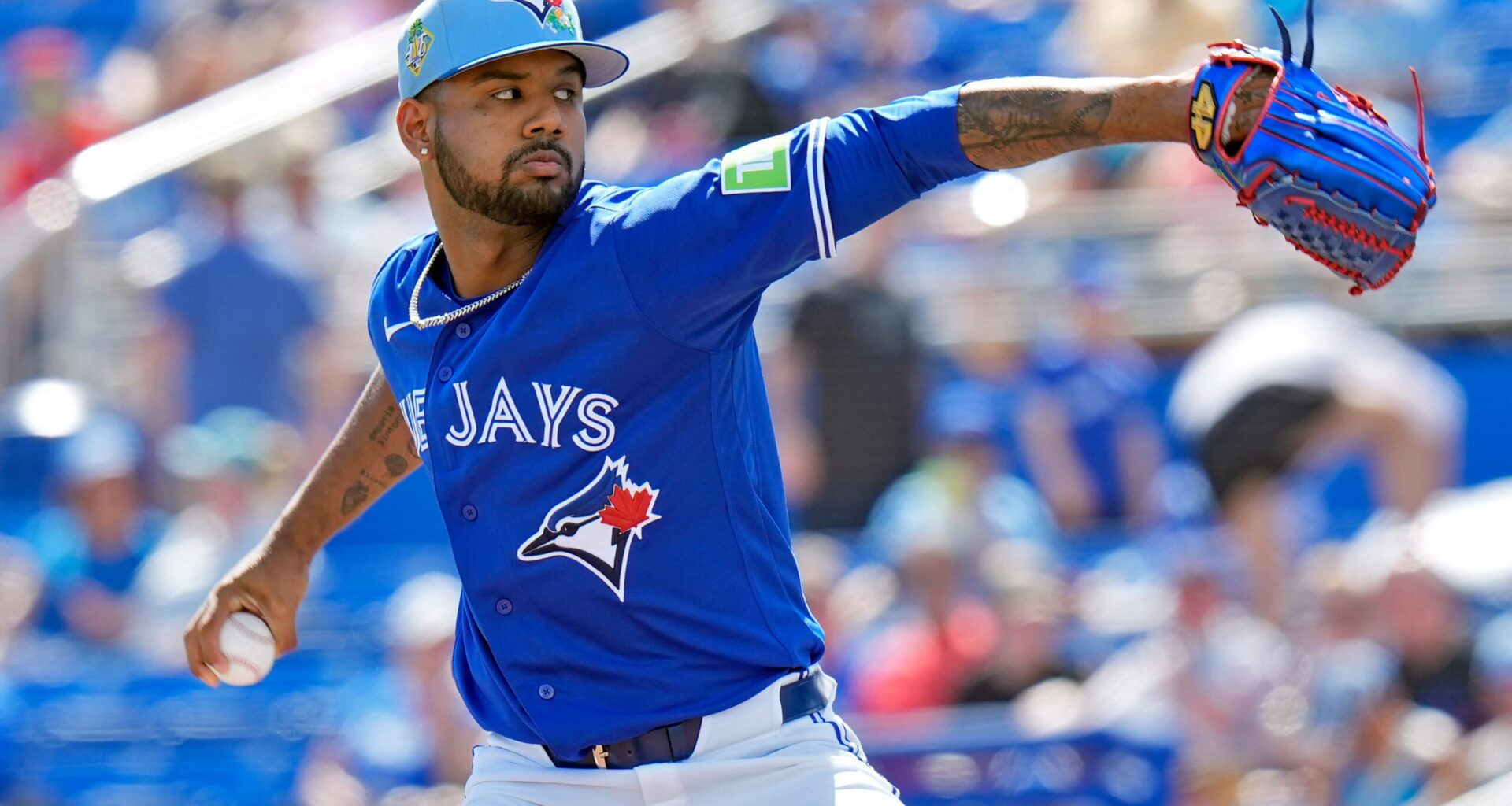 Toronto Blue Jays pitcher Angel Bastardo delivers to team Canada during the third inning of an exhibition baseball game Tuesday, March 3, 2026, in Dunedin, Fla. (AP Photo/Chris O'Meara)