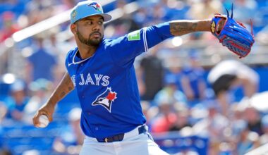 Toronto Blue Jays pitcher Angel Bastardo delivers to team Canada during the third inning of an exhibition baseball game Tuesday, March 3, 2026, in Dunedin, Fla. (AP Photo/Chris O'Meara)